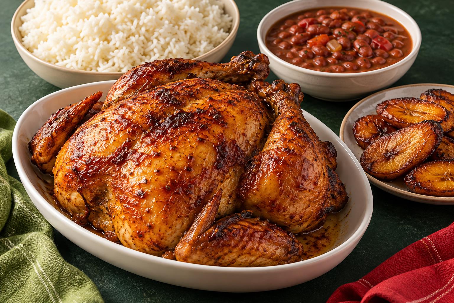 Serving inspiration: roasted chicken, rice, beans and sweet plantains
